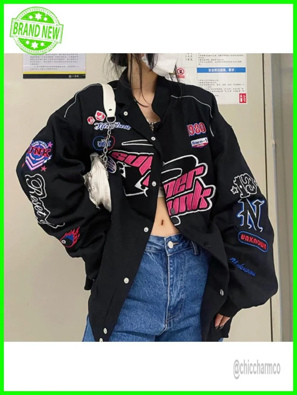 Women Button Varsity Jacket Harajuku Vintage College Baseball Bomber Coat Y2K